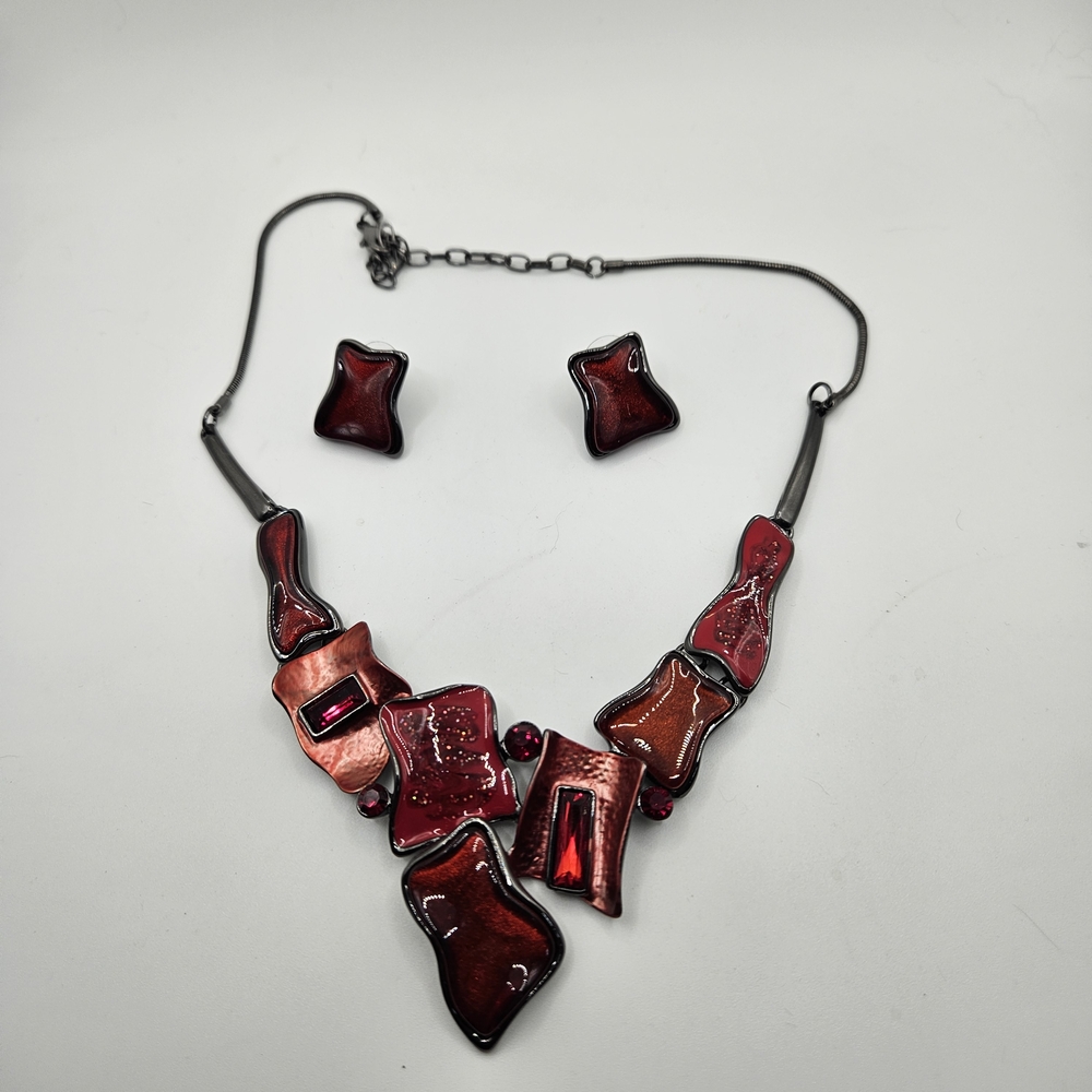 Elegant Red and Gunmetal Statement Necklace and Post Earrings Modern Abstract